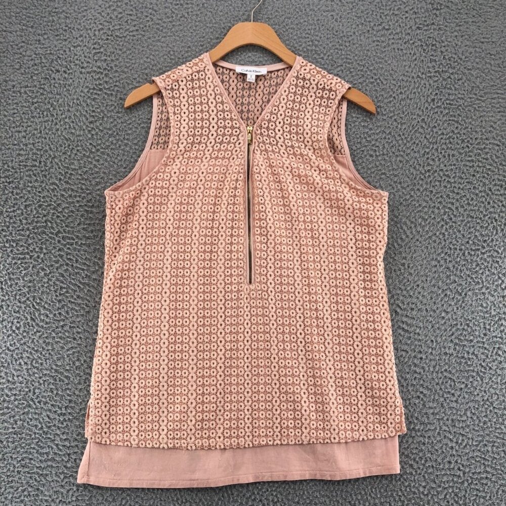 Calvin Klein Top Women Medium Pink Sleeveless 1/2 Zip Eyelet Lace Stretch Casual